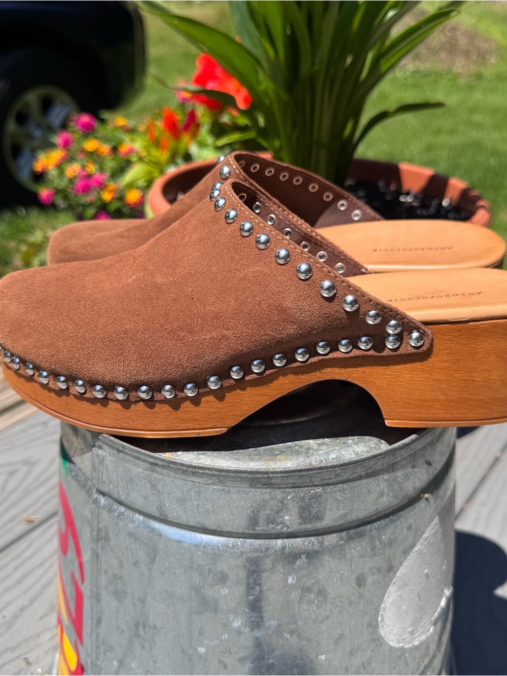Anthropologie Suede Studded Wood-Bottom Clogs 8.5 - Picture 1 of 6